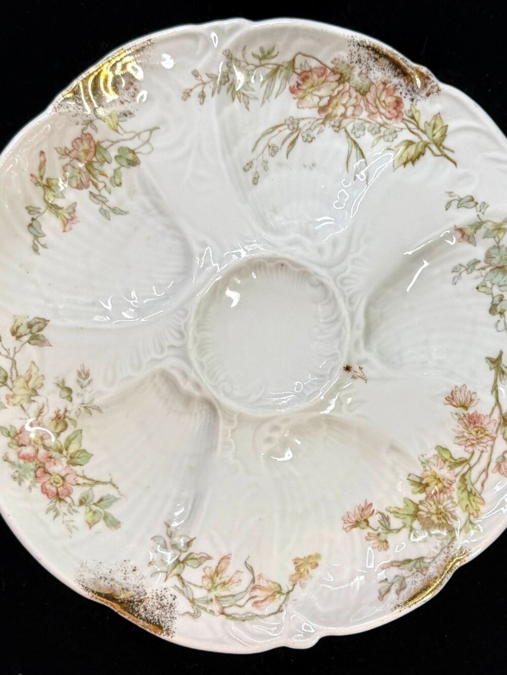Antique Merkelsgrun Bohemian Austria Floral Oyster Plate Gold Trim A1253